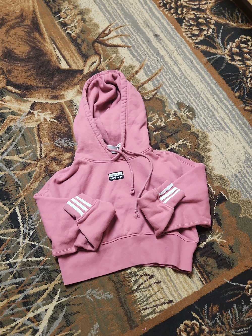 adidas Dusty Pink Cropped Hoodie with White Three-Stripe Cuffs